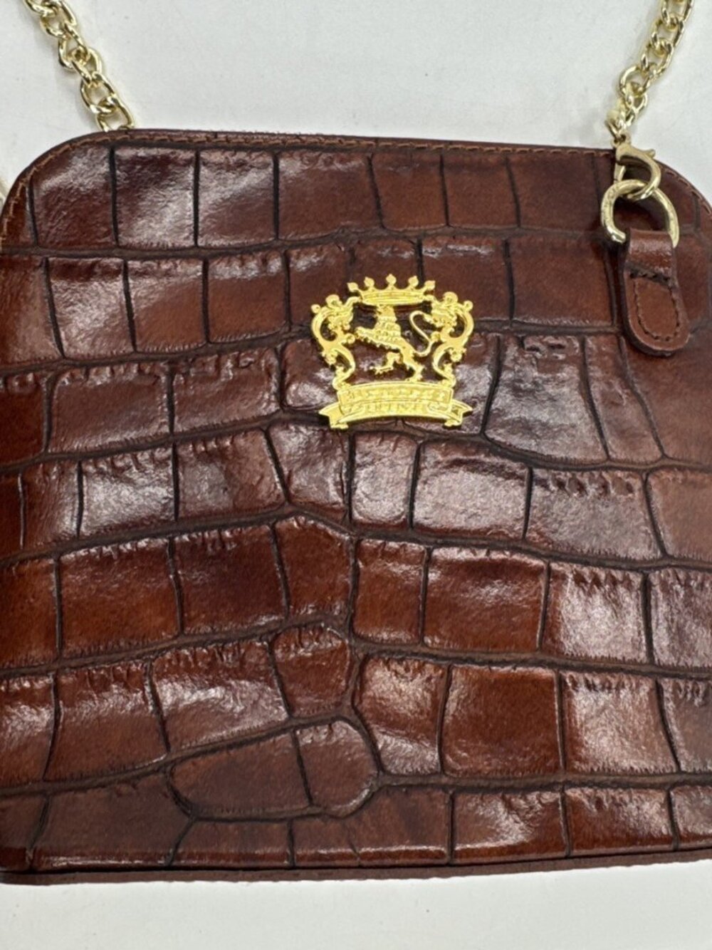 Pratesi Firenze Brown Croc Embossed Italian Leather Crossbody Bag Gold Chain NEW - Picture 2 of 15